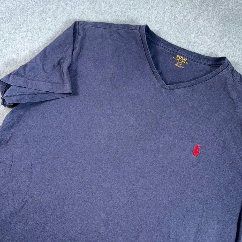 Polo Ralph Lauren V-Neck T-Shirt Mens XL Navy Blue Solid Red Pony Logo Cotton